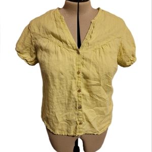 🔖👉 J Jill 100% Linen Yellow Green Button Down Top Short Sleeve V Neck